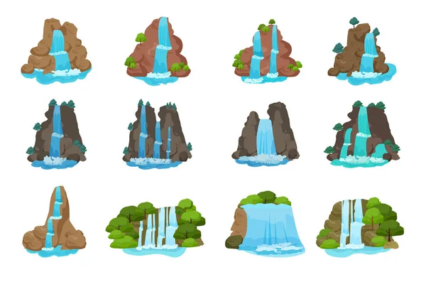 Ícones Cascata Conjunto Vetor Desenhos Animados Queda Palco Água Natureza —  Vetores de Stock