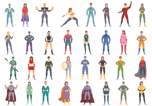 Héroe Iconos Conjunto Vector Dibujos Animados Hombre Mascota Postura Cómica — Vector de stock
