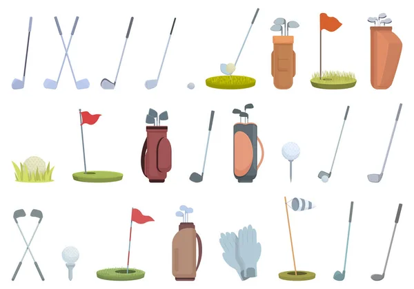 Icone Del Golf Club Impostato Vettore Cartone Animato Swing Sport — Vettoriale Stock