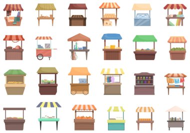 Crafts marketplace icons set cartoon vector. Street market. Food shop clipart