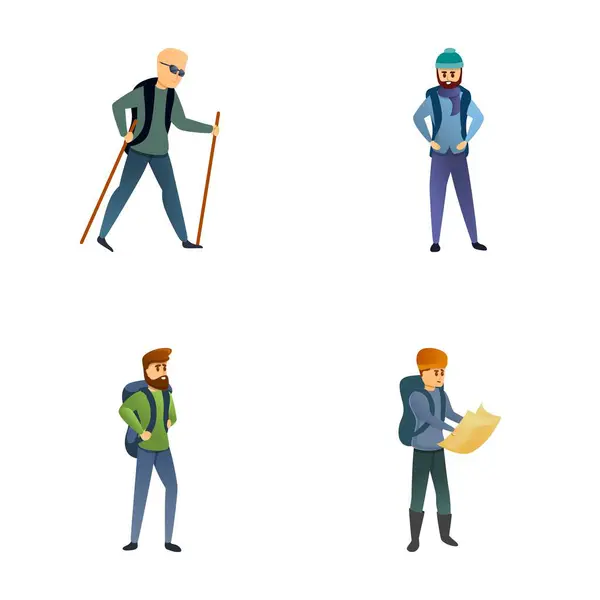 stock vector Hiking icons set cartoon vector. Group of tourist with backpack and map. Trekking, active leisure