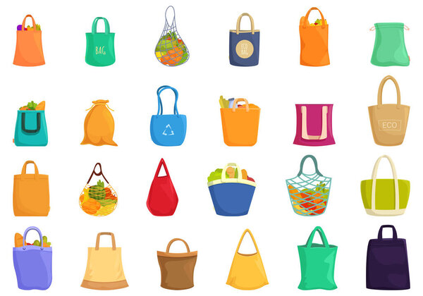 Reusable market shopper icons set cartoon vector. Sack bag fabric. Cloth eco