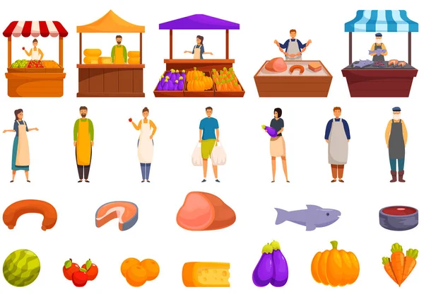 Street food fruit market icons set cartoon vector. Natural product. Farm vegetables farmer