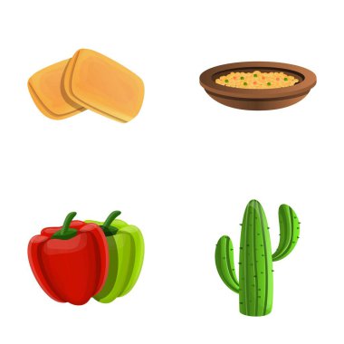 Geleneksel mutfak simgeleri çizgi film vektörünü ayarlıyor. Meksika yemeği ve sebze. Yiyecek konsepti