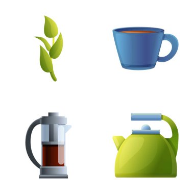 Nane çayı ikonları çizgi film vektörünü ayarlar. Çaydanlık, bardak ve yapraklı nane çayı. Sağlıklı içecek.