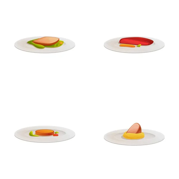 Various dish icons set cartoon vector. Meat, fish and vegetable. Traditional or national dish