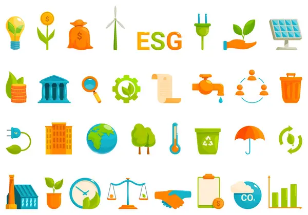 Esg Icons Set Cartoon Vector Corporate Social Report Csr Economy Royalty Free Stock Vectors
