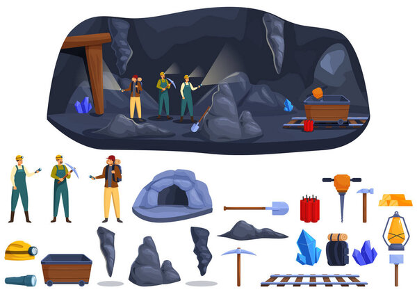 Man inside cave icons set cartoon vector. Traveler hiker. Discover mining