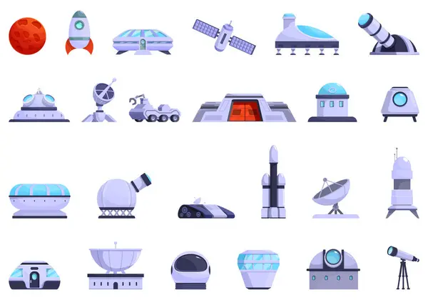 Ícones Observatório Marte Conjunto Vetor Cartoon Colonização Planeta Superfície Espacial Vetores De Bancos De Imagens