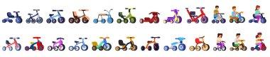 Kids tricycle icons set cartoon vector. Bike ride transport. Scooter ride vehicle clipart