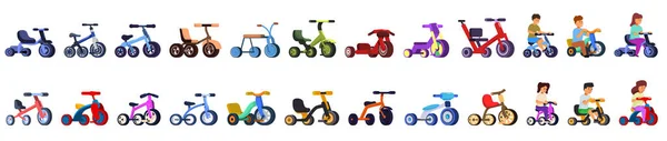 Anak Anak Ikon Roda Tiga Mengatur Vektor Kartun Naik Sepeda Stok Vektor Bebas Royalti
