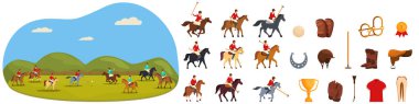 Horse rider playing polos game icons set cartoon vector. Sport mallet. Match equipment clipart