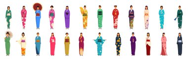 Young girl kimono icons set cartoon vector. Japanese woman. Traditional clothing clipart