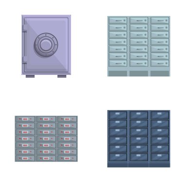 Bank vault icons set cartoon vector. Armored box to protect money and document. Banking service clipart