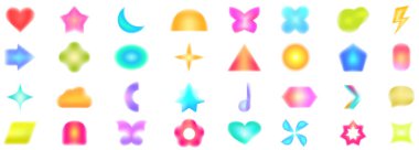 Y2k aura icons set cartoon vector. Abstract blur. Daisy flower shapes clipart