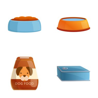 Dog food icons set cartoon vector. Dog food bowl and feed packaging. Domestic animal, care concept clipart