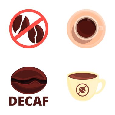 Decaf icons set cartoon vector. Cup of hot decaf coffee. Decaffeinated drink clipart