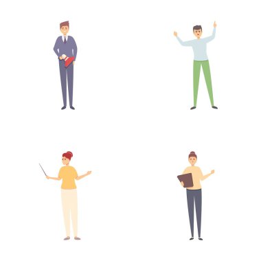 Public speaking icons set cartoon vector. Loud talking and agitating people. Agitation, campaigning clipart