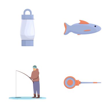 Winter fishing icons set cartoon vector. Fisherman fishing with equipment. Winter holiday, hobby clipart