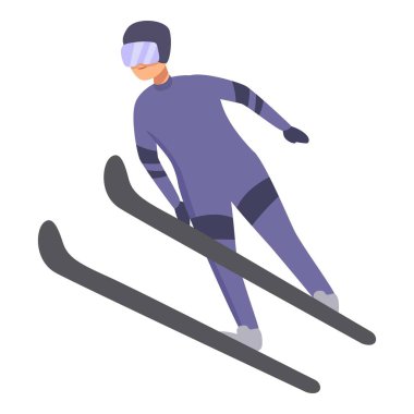 Genç kayakla atlama ikonu çizgi film vektörü. Aktif uçuş. Rampa eğitimi oturumu