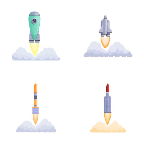 Spacecraft launch icons set cartoon vector. Rocket launch and fire flame. Aviation and space