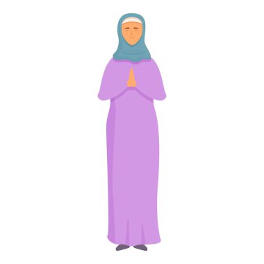 Müslüman kadın dua et de ikon çizgi film vektörüne inansın. Mutlu karşılama. Din umudu