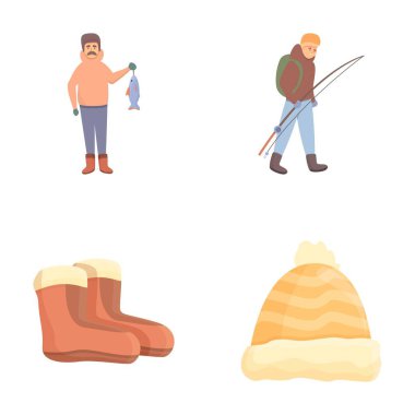 Ice fishing icons set cartoon vector. Winter hobby fishermen fishing. Winter holiday, hobby clipart