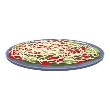 Domates soslu ve dilimlenmiş peynirli spagetti dolu bir tabağın vektör çizimi.