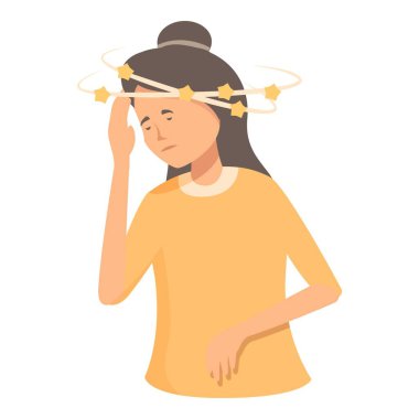Illustration of a young female woman experiencing dizziness. Vertigo. And disequilibrium with stars and unsteadiness. Representing symptoms of a balance disorder and illness in a simple clipart
