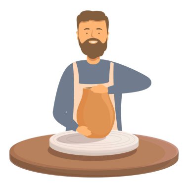 Illustration of a happy bearded potter making a vase on a potters wheel, showcasing craftsmanship clipart