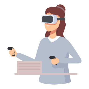 VR kulaklıklı ve kontrolörlü bir kadının sanal bir dünyada...