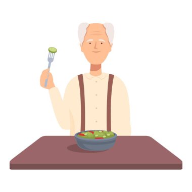 Gülümseyen yaşlı bir beyefendi taze salata yemeye hazırlanıyor, sağlıklı beslenme alışkanlıklarını betimliyor.