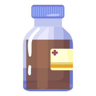 Colorful cartoon medicine bottle illustration with cute label and childproof purple cap on white background. Perfect for pharmaceutical, healthcare, and medication concept designs clipart