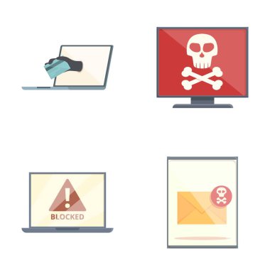 Vektör illüstrasyonları bilgisayar ekranlarında ortak siber güvenlik tehditleri ve uyarı sembolleri tasvir ediyor