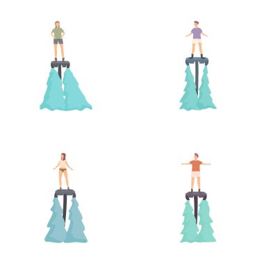 Su jetleriyle uçan ve ekstrem su sporlarından hoşlanan dört farklı insanın çizimleri.