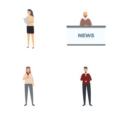 Collection of vector illustrations featuring journalists in various broadcasting scenes clipart