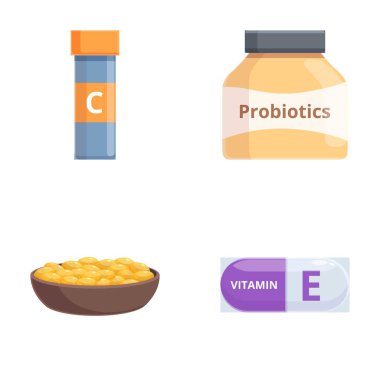 Illustration set featuring vitamin c, probiotics, a bowl of capsules, and vitamin e clipart