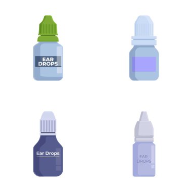 Four different styles of ear drops bottles in vector design, ideal for medical illustrations clipart