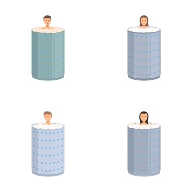 Four cartoon individuals poking out from patterned cookie tins clipart