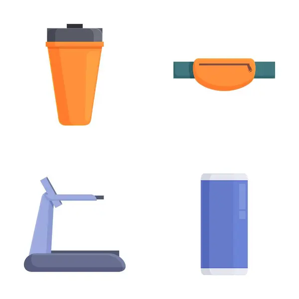 stock vector Set of four icons including a trash bin, fanny pack, treadmill, and smartphone