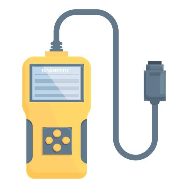 Flat design illustration of a professional handheld vehicle diagnostic tool for automotive maintenance and repair with yellow color. Isolated image. And electronic interface technology vector artwork clipart