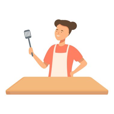 Confident cartoon chef standing with a spatula at a kitchen counter ready to cook clipart