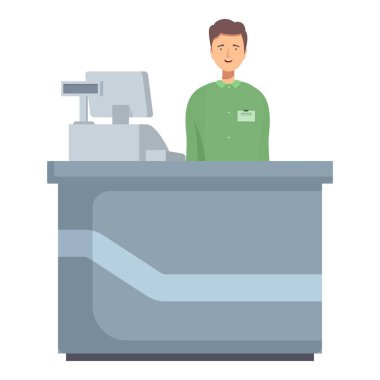 Illustration of a smiling male cashier ready to assist at a modern checkout counter clipart