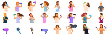 Girl dries hair icons set vector. A collection of women in various stages of hair washing and blow drying. Concept of self-care and the importance of taking time for oneself clipart