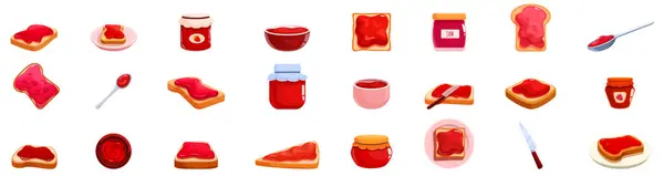 stock vector Jam toast icons set vector. A row of food items with a red jelly spread on them. The jelly spread is in various shapes and sizes, and some of the items are cut in half. There are also utensils such as