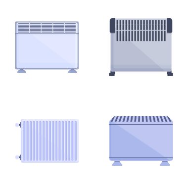 Heater icons set cartoon vector. Equipment for providing heat at home. Heating device clipart