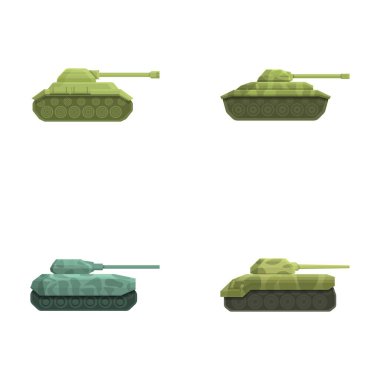 Tank simgeleri çizgi film vektörünü ayarlıyor. Ağır kamuflaj özel makineleri. Zırhlı askeri araç.