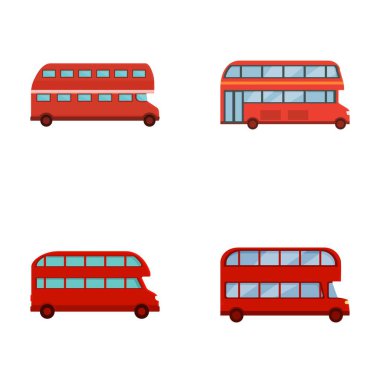 İngiliz otobüs simgeleri çizgi film vektörü belirledi. Londra çift katlı kırmızı otobüs. Şehir ulaşımı
