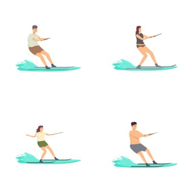 Sörf yapan, su sporlarında çeşitlilik gösteren çeşitli vücut tiplerine sahip insanların resimleri