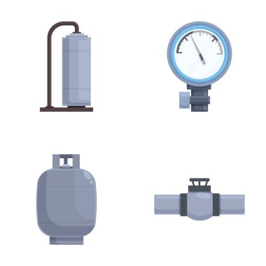 Depolama tankı, basınç göstergesi, kapalı tekne ve boru hattı vanası içeren dört sanayi simgesi.